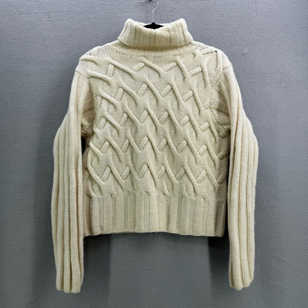J. Peterman Womens Ivory Lambswool Cable Knit Turtleneck Fisherman’s Sweater
